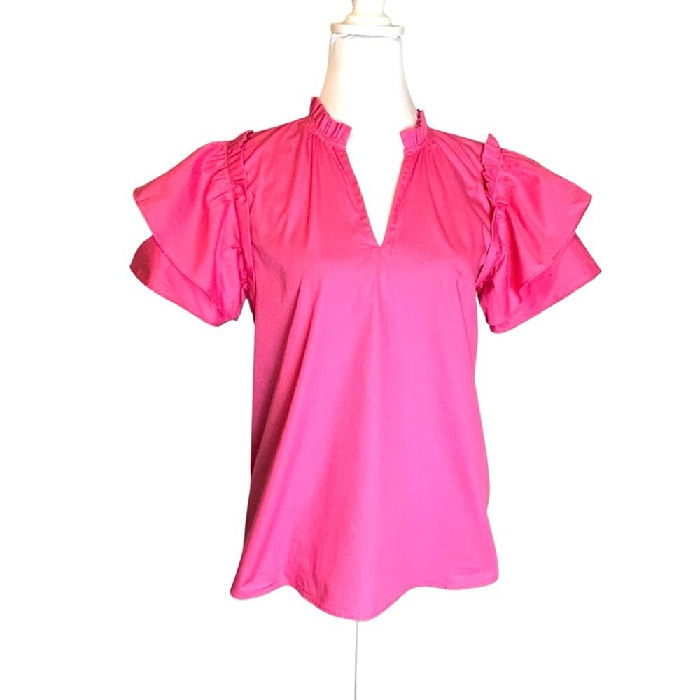 Maude Vivante Chilli Dani Top Size M Vibrant Pink Ruffle Sleeve Cotton Poplin